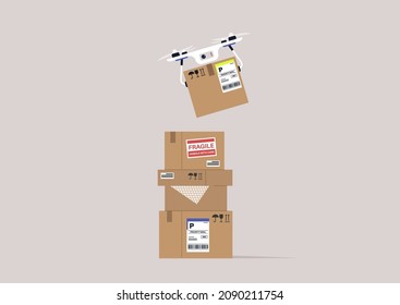 A contactless copter delivery, a drone carrying a priority mail box, a modern shipment process