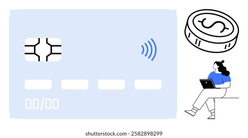 Contactless credit card with chip and wireless symbol, coin with dollar sign, professional woman working on laptop. Ideal for electronic payments, mobile banking, e-commerce, finance, business