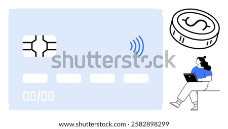 Contactless credit card with chip and wireless symbol, coin with dollar sign, professional woman working on laptop. Ideal for electronic payments, mobile banking, e-commerce, finance, business