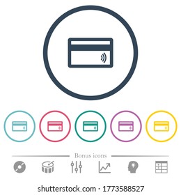 Contactless credit card flat color icons in round outlines. 6 bonus icons included.