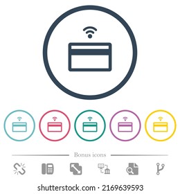 Contactless credit card flat color icons in round outlines. 6 bonus icons included.