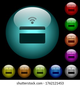 Contactless credit card icons in color illuminated spherical glass buttons on black background. Can be used to black or dark templates