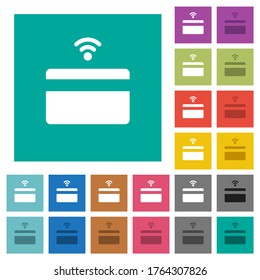 Iconos planos multicolores de tarjeta de crédito sin contacto en fondos cuadrados simples. Se incluyeron variaciones de iconos blancos y oscuros para efectos de movimiento o activos.