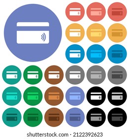 Contactless credit card multi colored flat icons on round backgrounds. Included white, light and dark icon variations for hover and active status effects, and bonus shades.