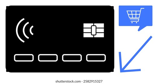 Contactless credit card with signal icon and shopping cart icon in speech bubble. Ideal for online shopping, e-commerce, digital payments, financial transactions, mobile banking, retail purchases