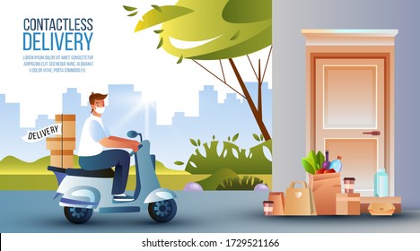 Contactless delivery banner with courier on scooter. Food door delivery concept with groceries, house, tree, cityscape, boxes, paper bags, male character in mask. Illustration in cartoon flat style