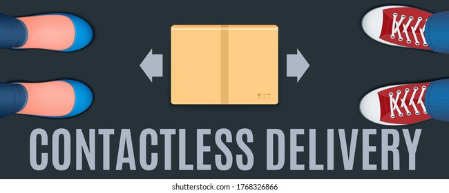 Contactless delivery banner. Top view of two pairs of legs shoes and box on asphalt floor with safe distance to protect form coronavirus. Realistic vector illustration