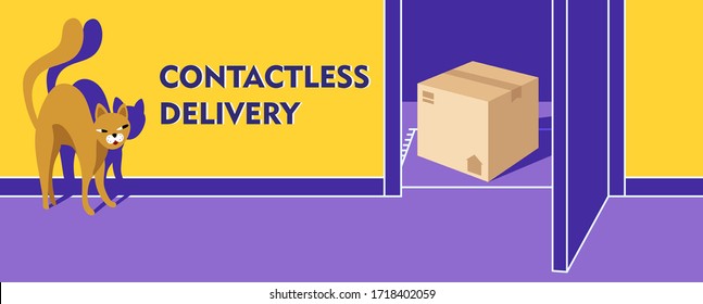 Contactless delivery banner. Violet open door. A craft box stands on the doorstep. Cartoon cat is looking out of the room at the delivered box. Vector stock illustration with a warm yellow background.