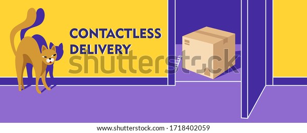 Contactless delivery banner. Violet open\
door. A craft box stands on the doorstep. Cartoon cat is looking\
out of the room at the delivered box. Vector stock illustration\
with a warm yellow\
background.