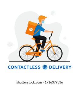 Unberührbare Lieferung nach Zyklus während des Ausbruchs des Coronavirus. Kurier in einer medizinischen Maske auf dem Fahrrad mit Paketschachtel auf der Rückseite, die Essen liefern. Ökologisch schnelles und kostenloses Lieferkonzept im flachen Design.