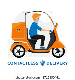 Contactless delivery by scooter during coronavirus outbreak. Courier in a medical mask on scooter delivering food. Fast and free delivery concept in flat design. Self isolation lifestyle. Covid-19