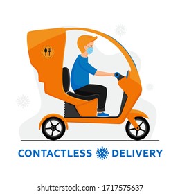 Contactless delivery by trike during coronavirus outbreak. Courier in a medical mask on tricycle delivering food. Fast and free delivery concept in flat design. Self isolation lifestyle. Covid-19