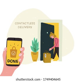 Contactless delivery cartoon illustration. Handdrawn cell in hand with screen text Done and girl at doorway taking her paper bag with order. Shipping option picture during coronavirus. Flat style icon