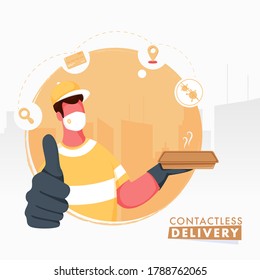 Contactless Delivery Concept Based Poster Design With Faceless Courier Man Wear Protective Mask And Showing Thumb Up Symbol.
