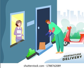 Contactless Delivery Concept Based Poster Design, Delivery Boy Parcel Putting At Door With Customer Woman And Scooter On White And Teal Blue Background.
