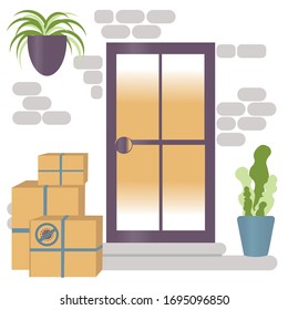 Contactless delivery concept. Boxes of purchases stand at the door, courier in the mask and gloves rings the bell. Coronavirus, covid-19  Delivery concept. Courier is ringing the bell 