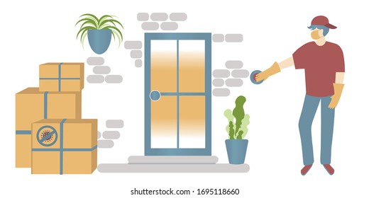 Contactless delivery concept. Boxes of purchases stand at the door, courier in the mask and gloves rings the bell. Coronavirus, covid-19  Delivery concept. Courier is ringing the bell 