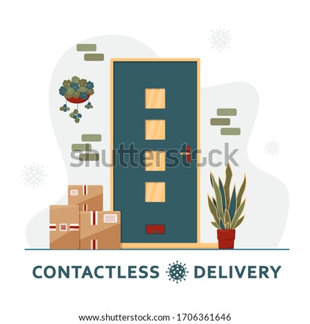 Contactless delivery concept. Boxes of purchases stand at the door. Delivery concept. Non-contact express delivery service. Self isolation lifestyle. Online shopping during quarantine. Covid-19