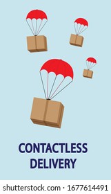 Contactless delivery concept. Contact free delivery icon. Coronavirus protection. Hands free delivery. Stock vector illustration, isolated on blue background.