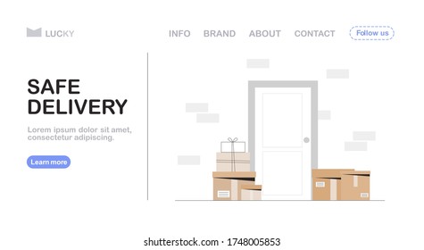 Contactless delivery concept, the courier left the delivery box at the door of the house. Flat style vector illustration for web banner.