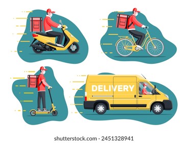 Concepto de entrega sin contacto. Mensajero con máscara y guantes. Conjunto de repartidor en camioneta, scooter, moto, bicicleta durante la cuarentena por coronavirus. Carga y logística. Ilustración vectorial plana