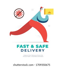 Contactless delivery concept. Fast and safe food delivery. A courier in a disposable mask and gloves delivers the order. Contactless transmission. Guaranteed safety. Stop Covid-19.