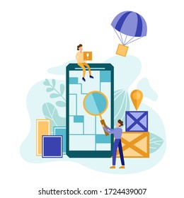 Contactless delivery concept in flat style. Package is flying on parachute. Online ordering during a quarantine. Vector illustration.
