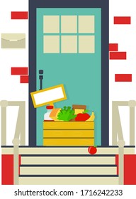 Contactless delivery concept.  
Food order in box near еntrance door and nobody.  Package on the steps by courier service. Vector illustration in flat style for safe delivery  foodstuff. 