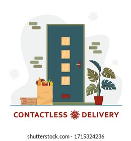 Contactless delivery concept. Food delivery. Pizza and paper bag with fruits / vegetables stand at the door. Delivery concept. Non-contact express delivery service. Self isolation lifestyle. Covid-19