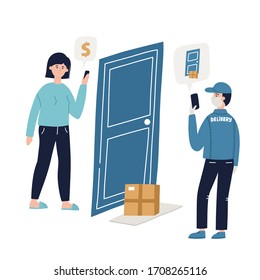 Contactless delivery concept. HAnd drawn vector illustration for banner, social media. Shop online.