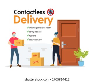 Contactless Delivery Concept Illustration. Courier Man In Protective Masks And Gloves With Box,  Safe Distance, Ordering Online, Covid-19, Coronavirus. Flat Vector Illustration, Isolated Objects.