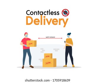 Contactless delivery concept illustration. Courier man in protective masks and box with safe distance to protect from covid-19 or coronavirus. Flat vector illustration, isolated objects.