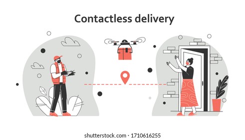 Contactless delivery concept illustration. The courier uses quadcopter to deliver the parcel. At a safe distance to protect form covid-19 or coronavirus. Flat vector illustration.
