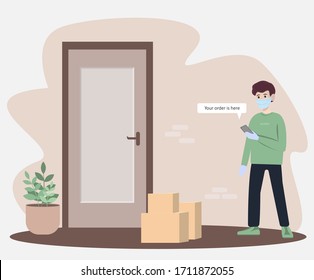 Contactless delivery concept illustration. Courier man in protective masks and food bag with safe distance to protect form covid-19. Flat vector illustration.