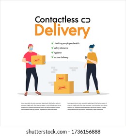 Contactless delivery concept illustration. Courier woman, man in protective mask and food bag with safe distance to protect form covid-19 or coronavirus. Flat vector illustration, isolated objects.
