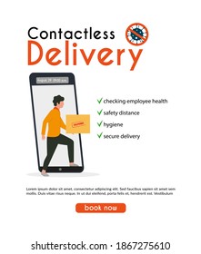 Contactless delivery concept illustration. Order products by phone, deliver at home, safe distance, ordering online, covid-19, coronavirus. Flat vector illustration, isolated objects.