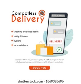Contactless delivery concept illustration. Order products by phone, deliver at home, safe distance, ordering online, covid-19, coronavirus. Flat vector illustration, isolated objects.