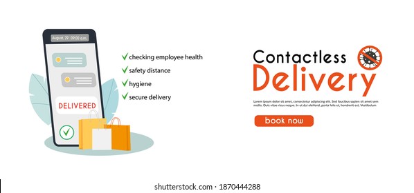 Contactless delivery concept illustration. Order products by phone, deliver at home, safe distance, ordering online, covid-19, coronavirus. Flat vector illustration, isolated objects.