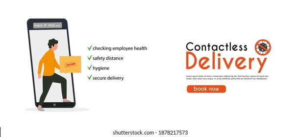 Contactless delivery concept illustration. Order products by phone, deliver at home, safe distance, ordering online, covid-19, coronavirus. Flat vector illustration, isolated objects.