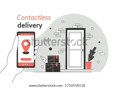Contactless delivery concept illustration. Order contactless delivery via application, smartphone, website. Protection form covid-19 or coronavirus. Flat vector illustration.