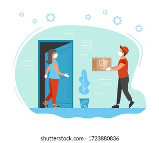 Contactless delivery concept illustration. Delivery person and woman opened the door. Protection form covid-19 or coronavirus. Flat vector illustration.