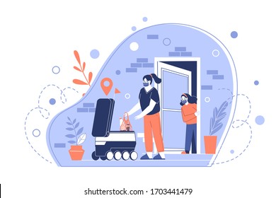 Contactless delivery concept illustration. Robot courier delivers, brings parcels to the house. The use of modern technology in courier delivery. Vector