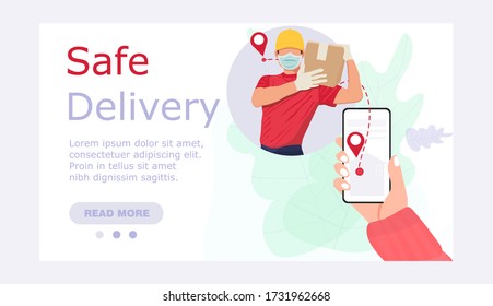 Contactless delivery concept illustration. Safe, Contactless Delivery Concept. Online order via phone. Protection form covid-19/coronavirus. Flat vector illustration isolated on white background.