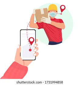 Contactless delivery concept illustration. Safe, Contactless Delivery Concept. Online order via phone. Protection form covid-19/coronavirus. Flat vector illustration isolated on white background.