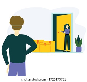 Contactless delivery concept illustration. Vector scene with courier and woman in protective masks and food bag with safe distance to protect form covid-19 or coronavirus