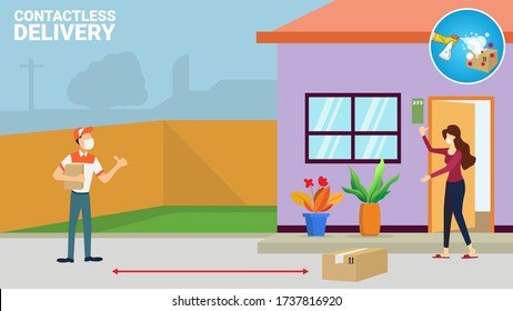 Contactless delivery concept illustration. Vector scene with courier and woman in protective masks with safe distance to protect form covid-19 or coronavirus. SPRAY DISINFECTANT