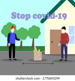 Contactless delivery concept illustration. Vector scene with courier and man in protective masks and food bag with safe distance to protect form covid-19 or coronavirus