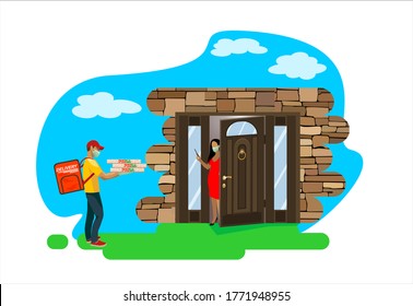 Contactless delivery concept illustration. Vector scene with courier and woman in protective masks and pizza box  with safe distance to protect form covid-19 or coronavirus