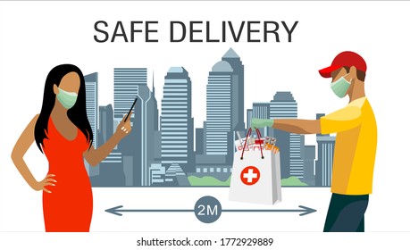 Contactless delivery concept illustration. Vector with courier and woman, in protective masks and bag with medicines on safe distance. Protect to covid-19 or coronavirus