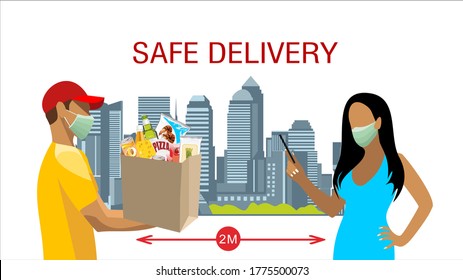 Contactless delivery concept illustration. Vector with courier and woman, in protective masks and bag with Food on safe distance. Protect to covid-19 or coronavirus
